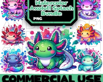 Watercolor Axolotl Clipart Bundle, Cute Salamander PNG (Digital Download)