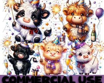 Paquete PNG de vacas escocesas de Año Nuevo: gorro de fiesta, confeti, burbujas de champán