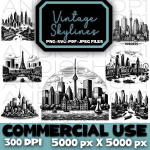 File immagine SVG PNG Skylines Clipart PDF Download digitale File jpeg Big City Bundle di file di città vintage Clip Art Download immediato