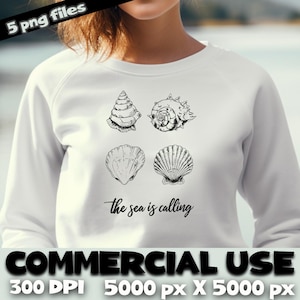 Minimalistische Seashell Line Art PNG-bundel – zeethema-clipart met citaat "The Sea is Calling" – digitale kustillustraties, zomer-POD