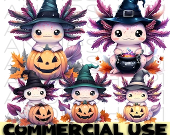 Niedliches Axolotl PNG Bundle mit Hexenhut und Kürbissen Halloween Cartoon Kreatur Clipart für Sublimationsaufkleber Digitaler Download