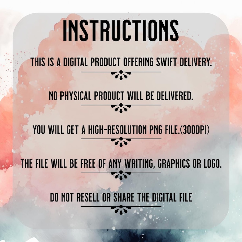 Puede incluir: Gr&aacute;fico de informaci&oacute;n de producto digital con la palabra "INSTRUCTIONS" en letras negras grandes. El texto explica el producto digital, incluyendo entrega r&aacute;pida, sin producto f&iacute;sico, un archivo PNG de alta resoluci&oacute;n y sin escritura ni logotipos.