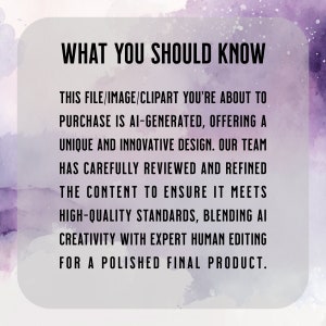 Puede incluir: Gr&aacute;fico digital con fondo de acuarela en tonos morados y blancos. El texto "WHAT YOU SHOULD KNOW" est&aacute; en la parte superior, seguido de una descripci&oacute;n del dise&ntilde;o generado por IA y el proceso de edici&oacute;n humana.