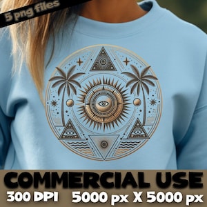 Geometrische heilige zon PNG-bundel, vintage boho-mandalakunst met palmbomen, driehoekige lagen, ogen sterren golven, goud taupe clipart