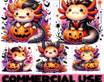 Niedliches Axolotl Halloween PNG Bundle, Kawaii Axolotl Sitzend auf Kürbis Clipart, Gruseliger Herbst Digitaler Download zum Basteln