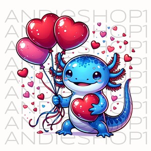 Puede incluir: Ilustraci&oacute;n de dibujos animados de un ajolote azul sosteniendo un coraz&oacute;n rojo y globos en forma de coraz&oacute;n. El ajolote tiene grandes ojos azules y una expresi&oacute;n sonriente. Corazones rojos y rosas flotan alrededor del ajolote, creando un tema de San Valent&iacute;n.