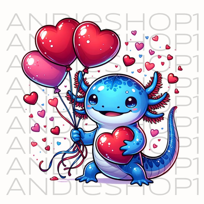 Puede incluir: Ilustraci&oacute;n de dibujos animados de un ajolote azul sosteniendo un coraz&oacute;n rojo y globos en forma de coraz&oacute;n. El ajolote tiene grandes ojos azules y una expresi&oacute;n sonriente. Corazones rojos y rosas flotan alrededor del ajolote, creando un tema de San Valent&iacute;n.