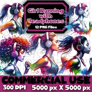 Girl Running with Headphones PNG Bundle | Digital Instant Download Clipart | Sublimation POD Files & Images for Fitness Designs, Runners era