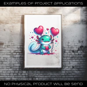 Puede incluir: Una impresi&oacute;n enmarcada que presenta un ajolote de dibujos animados sosteniendo un coraz&oacute;n y dos globos en forma de coraz&oacute;n. El ajolote es verde y turquesa con detalles en rosa. Peque&ntilde;os corazones flotan alrededor del ajolote. El texto en la parte superior dice "EXAMPLES OF PROJECT APPLICATIONS".