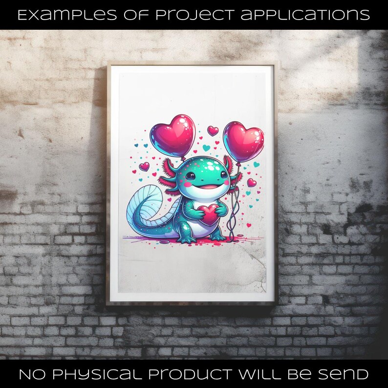 Puede incluir: Una impresi&oacute;n enmarcada que presenta un ajolote de dibujos animados sosteniendo un coraz&oacute;n y dos globos en forma de coraz&oacute;n. El ajolote es verde y turquesa con detalles en rosa. Peque&ntilde;os corazones flotan alrededor del ajolote. El texto en la parte superior dice "EXAMPLES OF PROJECT APPLICATIONS".