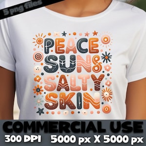 Pacchetto PNG estivo retrò "Pace, sole e pelle salata" Tipografia impilata nei colori del tramonto con stelle / Clipart spiaggia boho