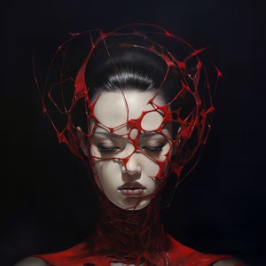 May include: A woman's face is partially obscured by a red, web-like substance. The substance covers her head and neck, creating a dramatic and surreal effect.