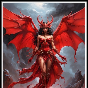 Puede incluir: Impresión de arte digital de una mujer dragón roja con grandes alas, cuernos y un vestido a juego. La obra de arte está ambientada contra un cielo tormentoso y un paisaje de fuego, creando una dramática escena de fantasía.