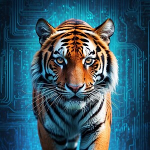 May include: A close-up of a tiger walking towards the camera. The tiger has orange and black stripes and is walking on a blue and black background with a circuit board pattern.
