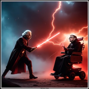 May include: A digital illustration of Albert Einstein in a wheelchair, holding a lightsaber, facing off against a man dressed as a Jedi Knight. The background is a stormy sky with lightning.
