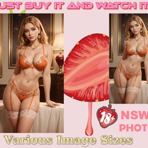 NSFW selfie queen seductive sexy blonde in orange lingerie luxury bedroom ai art collection Floral Lingerie AI Blonde model set gift for him