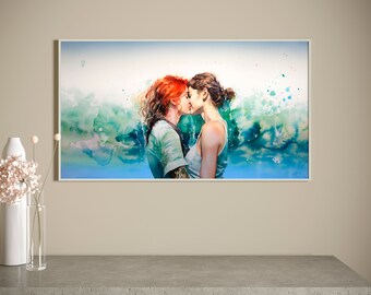 Lesben Liebe Kuss Kunst, LGBT, Lg Tv Kunst, Aquarell Stil, Pastelltöne, wlw Romantik Plakatkunst feministische Afiche, Kunst für Rahmen Tv, Geschenk für lgbt