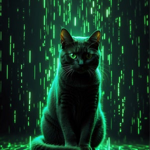 Puede incluir: Un gato negro con ojos verdes sentado en una plataforma verde brillante. El fondo es verde oscuro con líneas verticales de luz.