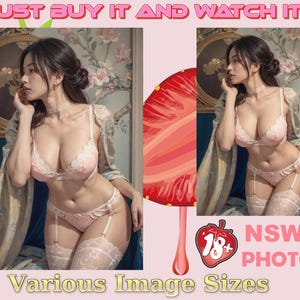 NSFW sexy asian model looking woman in pink lace lingerie blue and gold scarf, gold gilded and oil painting background personal gift for Him