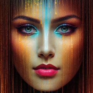 Peut inclure: Le visage d'une femme avec un fard à paupières bleu et vert, encadré par un rideau de perles dorées et bleues scintillantes.