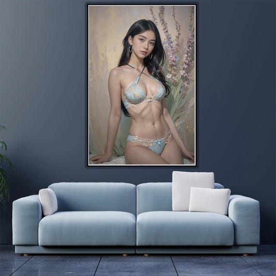 Asian Nude NSFW Woman Model in Sexy Light Blue Floral Lace Lingerie Set, Sexiest  Bra Panty, Gold Gilded Flowers, Pastel Boudoir Digital Art - Etsy