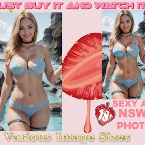 NSWF Blonde Model in Blue Bikini art, Relaxed Summer Vibes Digital Art - Floral Bikini Girl Overlooking Ocean - Scenic Cliffside Portrait