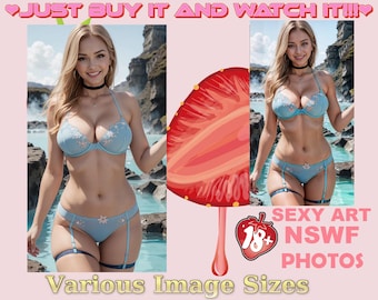 NSWF Blonde Model in Blue Bikini art, Relaxed Summer Vibes Digital Art - Floral Bikini Girl Overlooking Ocean - Scenic Cliffside Portrait
