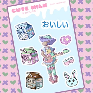 May include: A set of stickers featuring cute cartoon illustrations of milk cartons, a girl playing a guitar, a bunny rabbit, and a heart. The stickers are on a light blue background with a pink and green pattern.