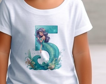 Camiseta de cumpleaños número 5 de sirena, camiseta para niños pequeños, camiseta de niñas sirena de cumpleaños, traje personalizado de niña de 5 años con nombre, traje de quinto cumpleaños