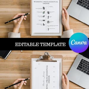 May include: Two clipboards with wedding procession order templates are displayed on a wooden surface. One clipboard shows a detailed diagram, while the other is blank. The text "Editable Template" is visible. A laptop and pencil are also present.