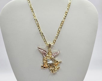 Saint Michael Archangel Tri-Tone Pendant with 24" Figaro Chain
