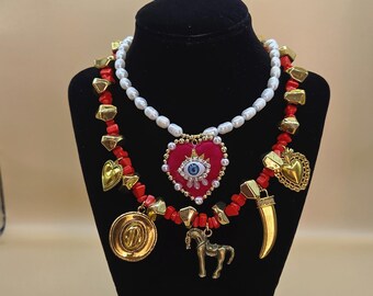 Western Heart & Evil Eye Pendant Necklace Choker Set | Maximalist Jewelry