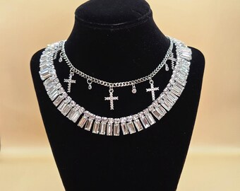 Crystal Cross Layered Choker Necklace Set