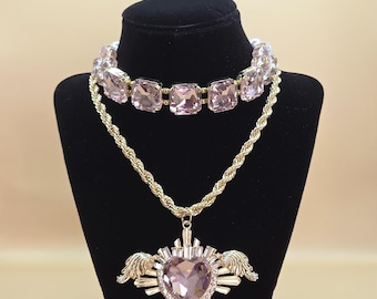 Pink Crystal Heart Necklace Choker Set – Statement Jewelry