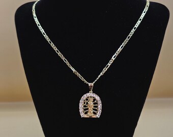 Santa Muerte Pendant with Figaro Chain, 14K Gold Plated Brass, White Cz Stones