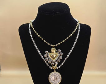 Sacred Heart Statement Necklace | Mixed Metal Religious Jewelry