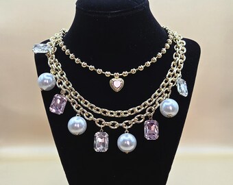クリスタル＆パールレイヤードネックレスチョーカーステートメントセット