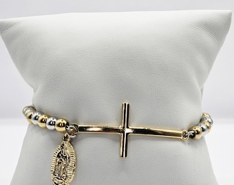 Virgen de Guadalupe Cross Bracelet, Gold Plated Charm, Beaded Pulsera