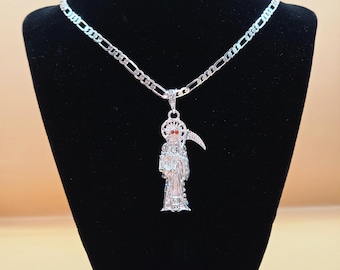 Santa Muerte Pendant Necklace with Silver Plated Figaro Chain, White Cz Stones