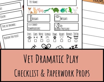 Vet Dramatic Play Checklist, Vet Pretend Preschool Paperwork, Veterinarian Dramatic Play Props, Vet Play Scenario