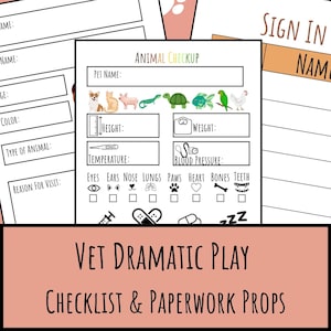 Könnte beinhalten: Druckbare Checkliste und Papierrequisiten für ein Veterinär-Rollenspiel. Die Checkliste enthält Abschnitte für den Namen des Haustieres, die Größe, die Temperatur, das Gewicht, den Blutdruck und einen Abschnitt zum Überprüfen von Augen, Ohren, Nase, Lunge, Pfoten, Herz, Knochen und Zähnen. Die Papierrequisiten umfassen ein Anmeldeformular und ein Patienteninformationsblatt.