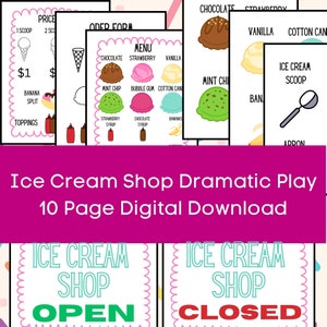 May include: A printable set of 10 pages for an ice cream shop dramatic play activity. The pages include a price list, order form, menu, ice cream scoops, toppings, and signs that say "Ice Cream Shop Open" and "Ice Cream Shop Closed".