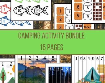 Camping Activity Bundle Download, Preschool Math Small Group Camping Theme, Homeschool Worksheets, Numbers and Counting Summer and Outdoors