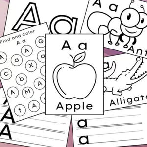 May include: Black and white printable alphabet flashcards featuring the letter A, with an apple illustration and the word "Apple" written below. The flashcards also include a find and color activity, tracing lines, and other activities.