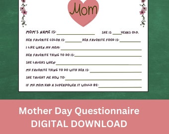 Mother's Day Questionnaire Gift, Preschool Kindergarten Elementary Mother's Day Activity, Gift for Mom, Digital Download