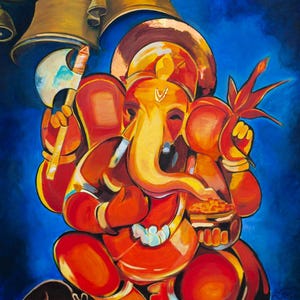 Ganesha painting, Handpainted Ganpati art, Hindu gods art, Indian temple at home, framed Ganpati, painting for living room, Indian gods