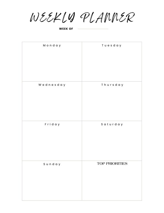 Simple Weekly One Page Planner Instant Download Todo List Etsy