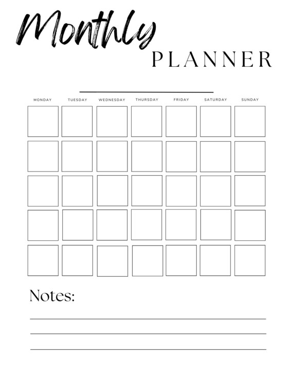 Simple Monthly One Page Planner Instant Download Todo List Etsy