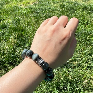 13.5mm High Quality Natural Gray Hawk’s Eye Bead Bracelet/ Large bead/ Eagle Eye Bracelet in S925 Silver/ Handmade/ Gift for Him or Her