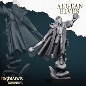 May include: A grey painted miniature of an Aegean Elf wizard holding a staff and a glowing orb. The wizard is wearing a long robe with a decorative collar and is standing on a rocky base. The text "AEGEAN ELVES" is visible in the background.